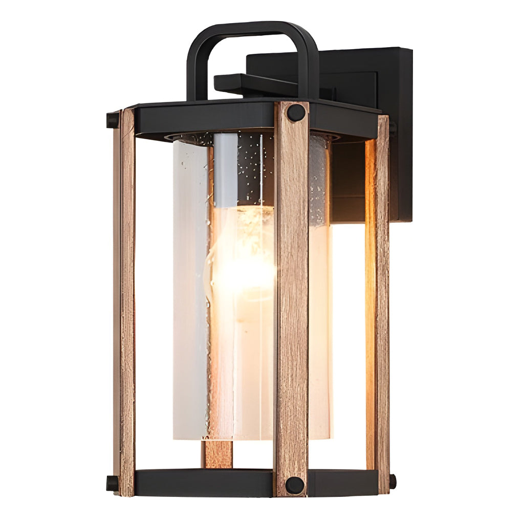 Black Glass Lantern Outdoor Wall Sconce — Die-Cast Aluminum, Industrial, Wood Grain Finish, 3200K