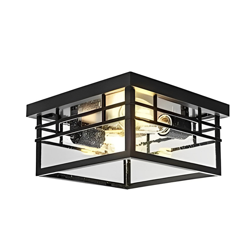 Rustic Geometric Outdoor Flush-Mount Ceiling Light — Die-Cast Aluminum, Black, Round & Square, 12", IP Waterproof, 3000K