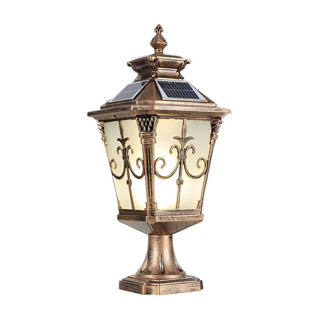 Retro Solar Fence Post Light — Die-Cast Aluminum & Glass, LED, IP55, Remote Control, Black / Bronze