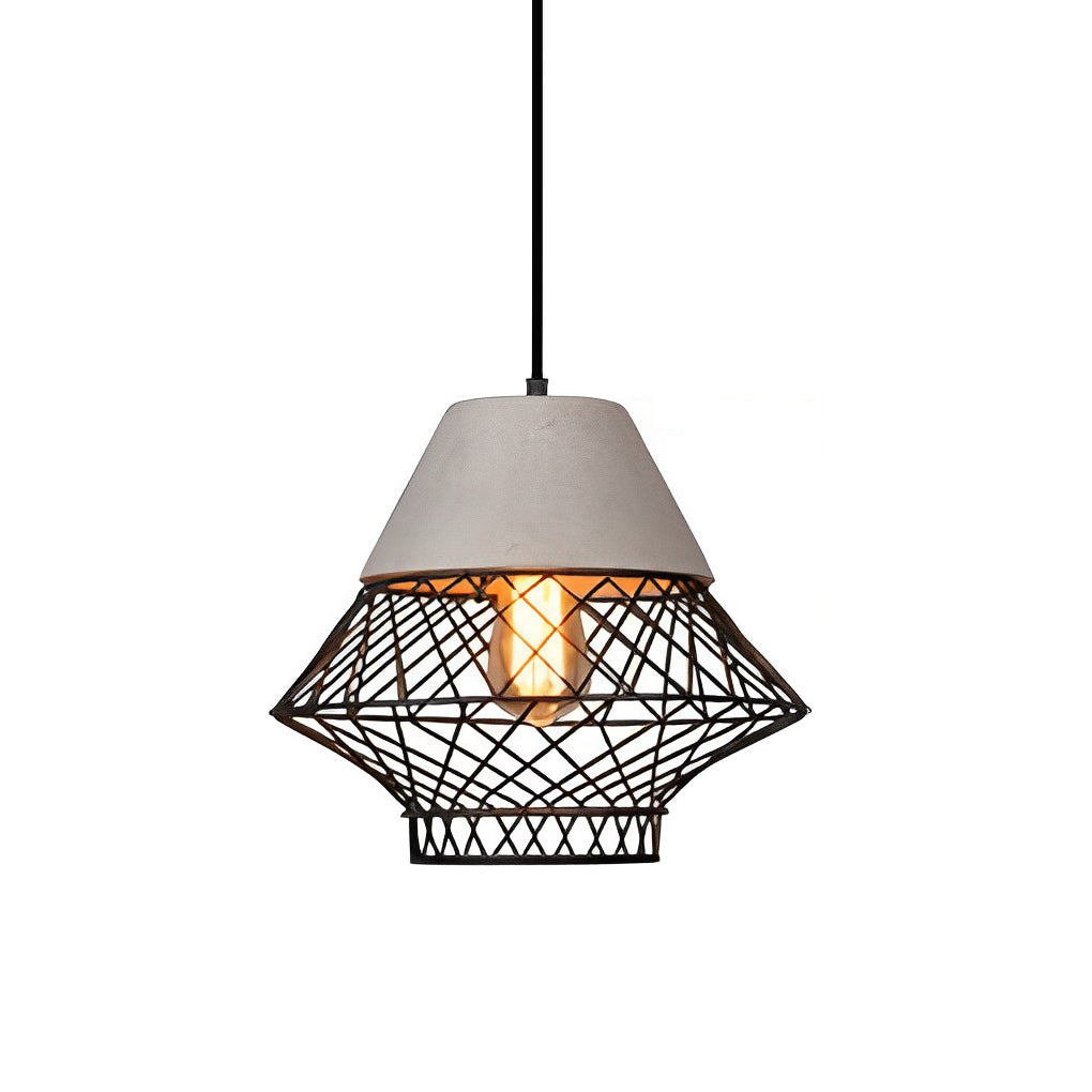 Retro Industrial Pendant Light — Cement and Iron Cage, E27, 13" Diameter, Kitchen Island / Dining