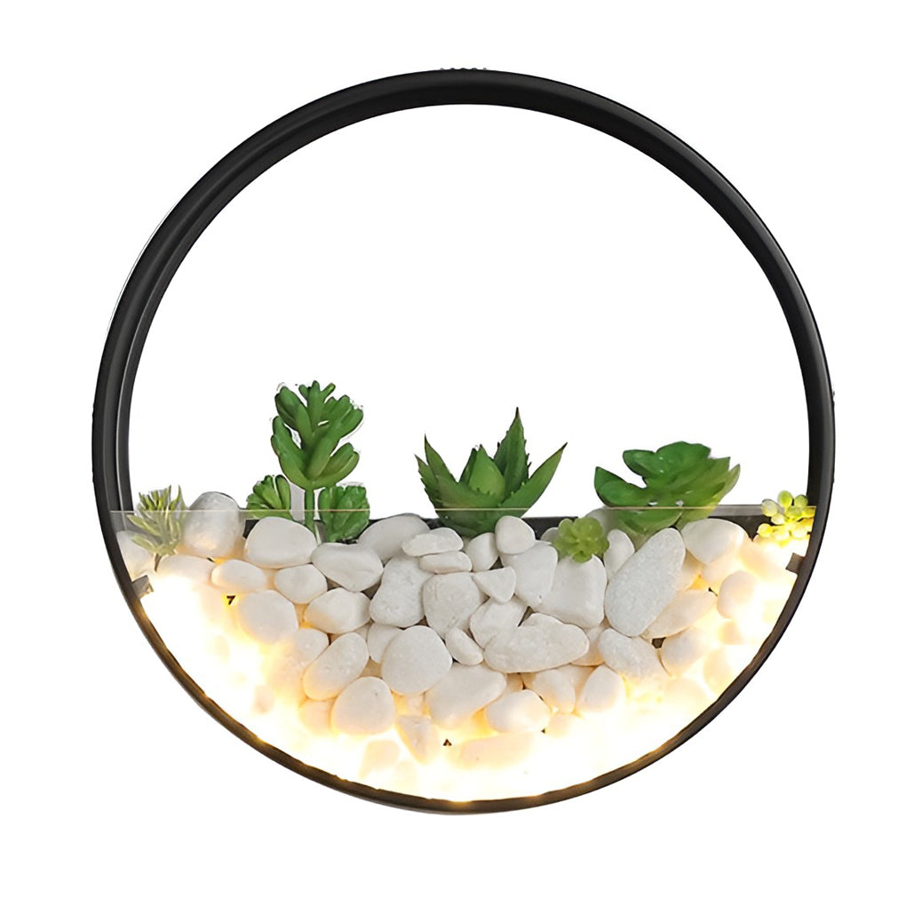 Modern Outdoor Wall Sconce with Artificial Stone and Plant Landscape — Iron, 18W LED, Round, 8"/12"/20"