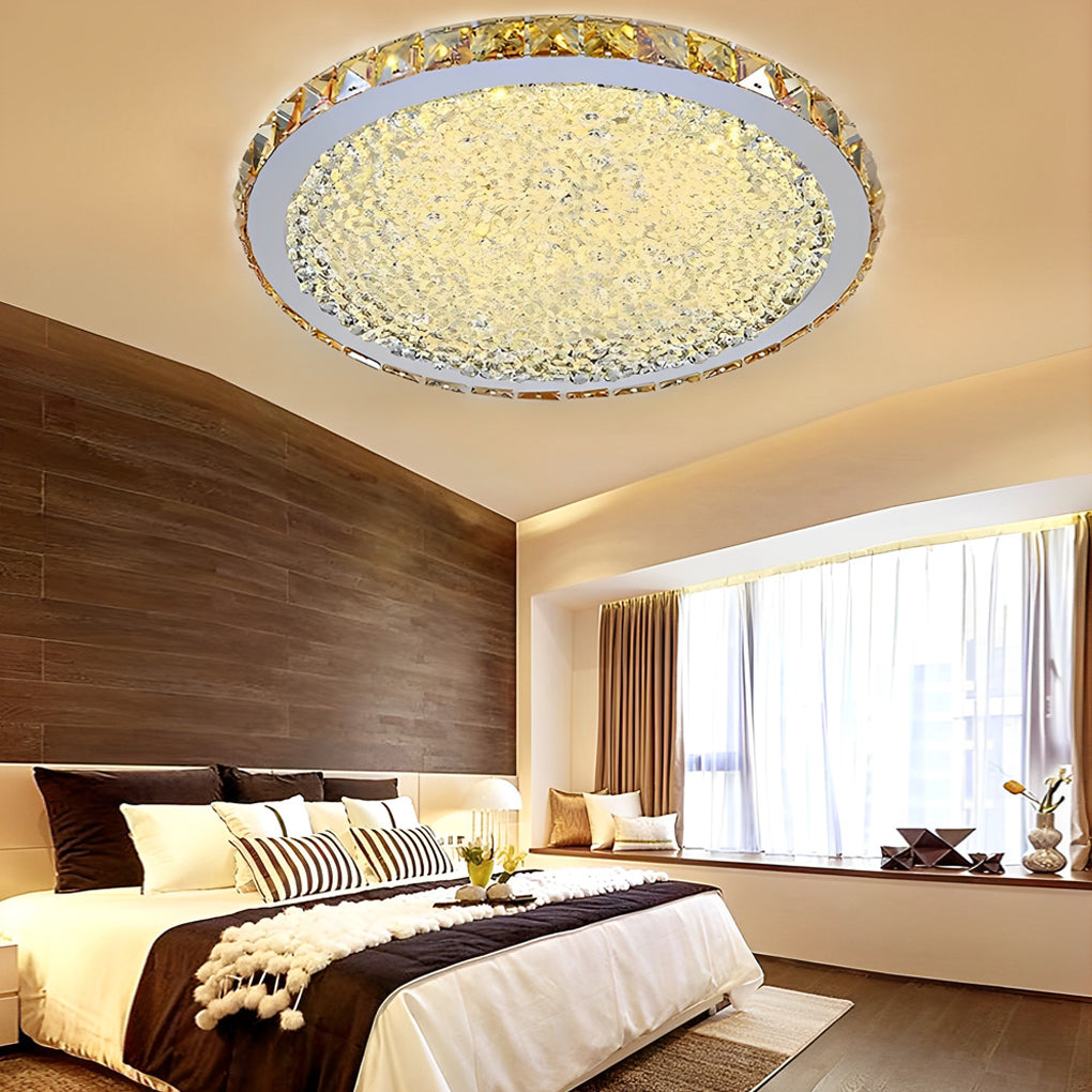 16" Modern Crystal Flush-Mount Ceiling Light — Antique Painted Metal, LED, Three-Step Dimming, 20W