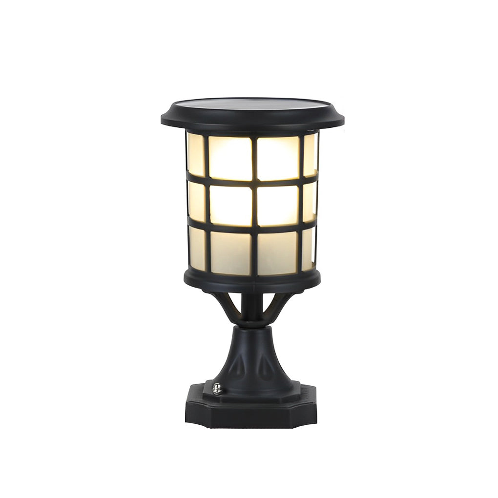 Modern Black Round Cage Solar / Hardwired Pillar Light — Die-Cast Aluminum & Glass, LED, IP65, 3-Step Dimming, Remote Control