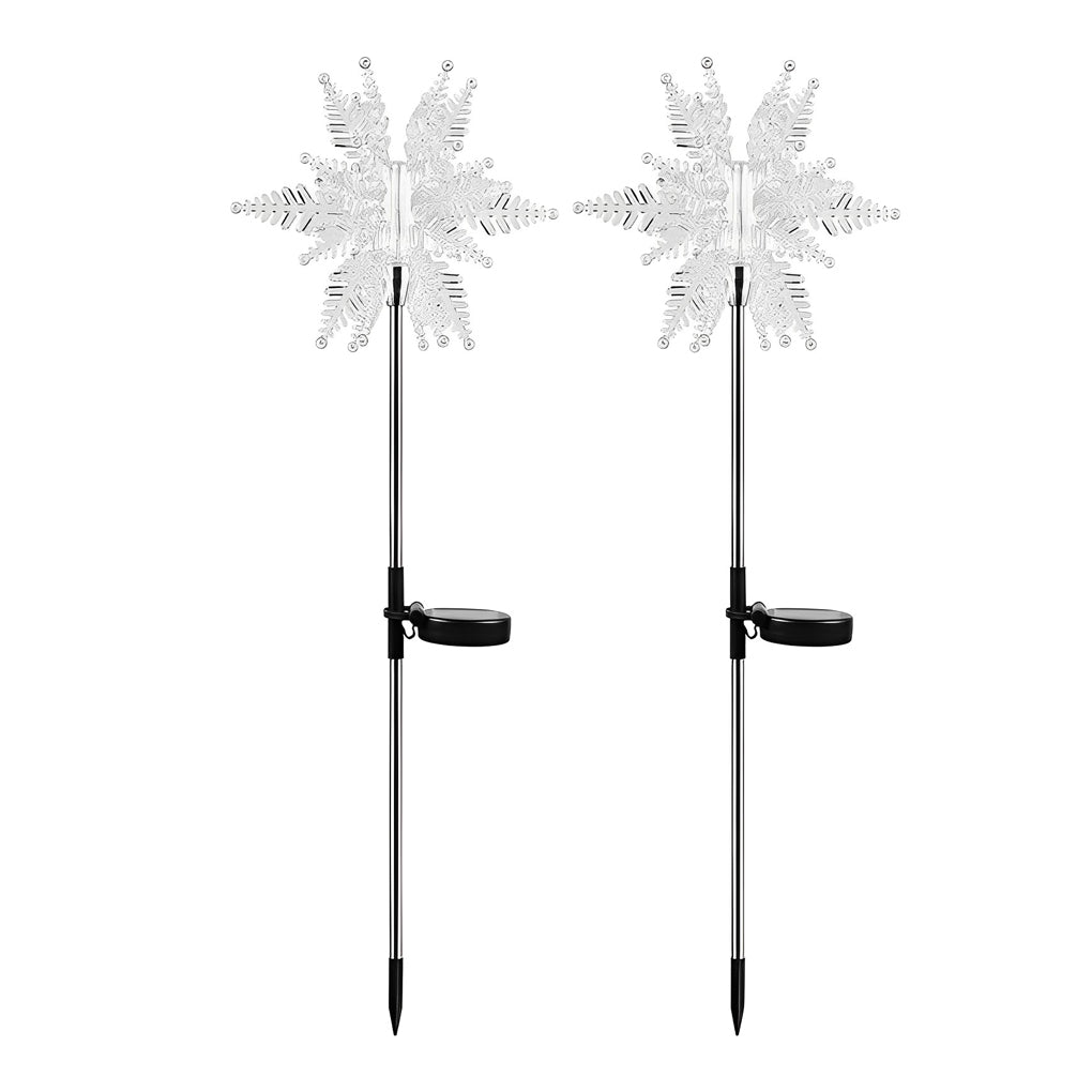 Snowflake Solar Lawn Lights, 2-Pack — Acrylic & Stainless Steel, LED Warm White, IP65, 8" Diameter