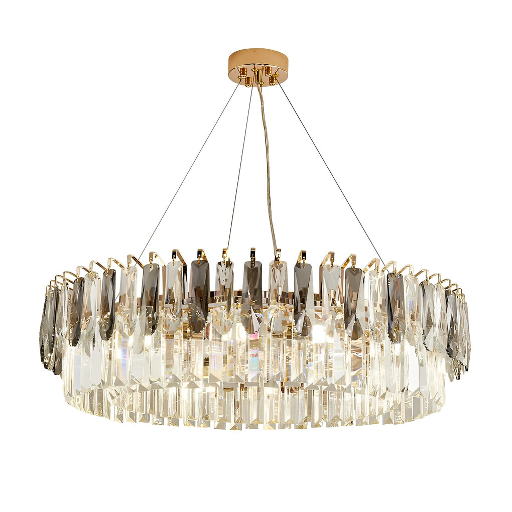 Modern Double-Layer Round Crystal Chandelier — Gold Electroplated Metal, Raindrop Crystal, Adjustable Height, 20"–39" Diameter