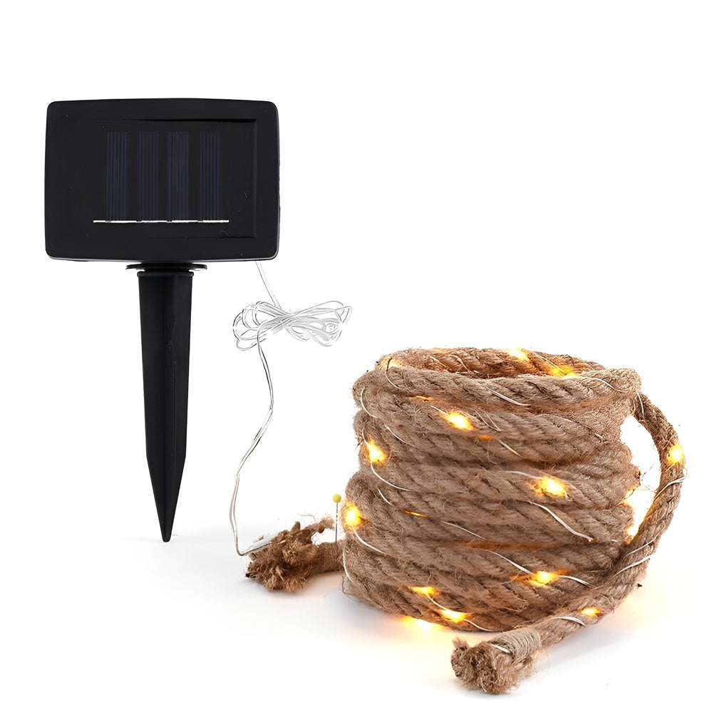 Hemp Rope LED String Lights — Solar or Battery-Powered, Warm White, 100-Light / 16.4 Ft or 200-Light / 32.8 Ft