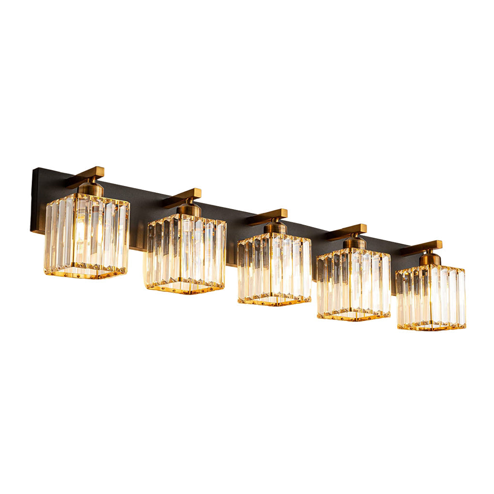 Square Crystal Multi-Light Vanity Sconce — Black and Gold Electroplated Metal, 4-Light / 5-Light, 28.3" Wide