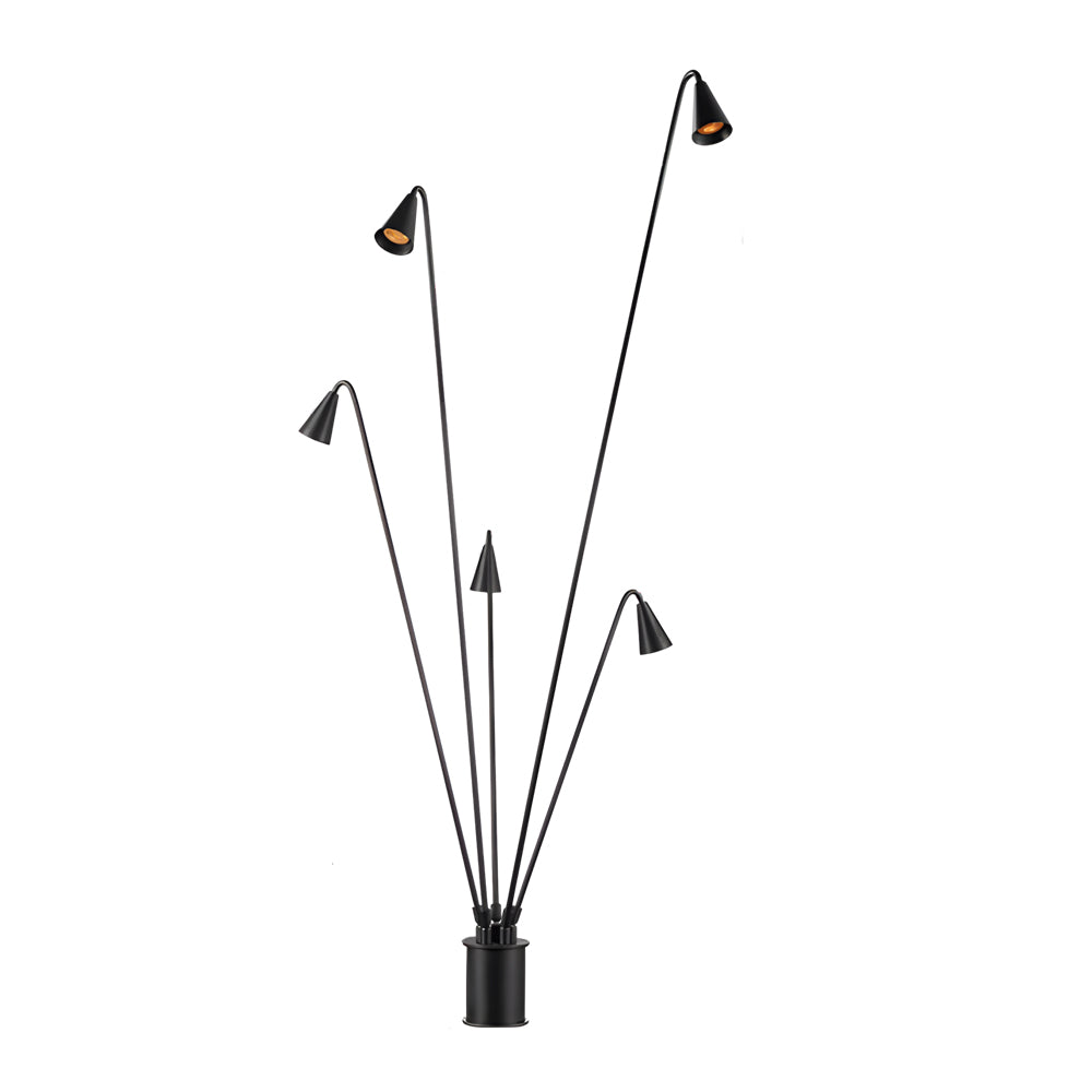 Multi-Head Industrial Outdoor Floor Lamp — Die-Cast Aluminum, Black, 360° Rotation, IP55, Hardwired, 3-Light or 5-Light