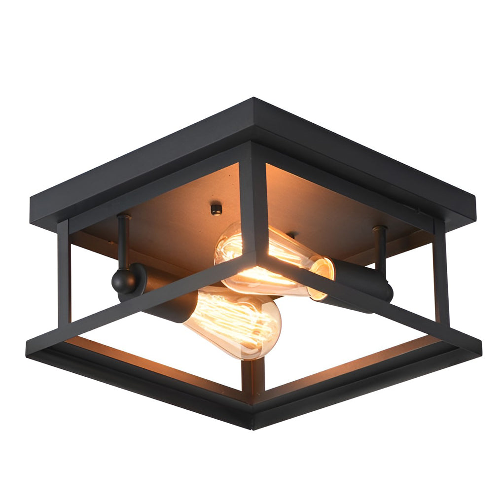 Square Industrial Flush-Mount Ceiling Light — Black Iron, Retro, 11" x 11"
