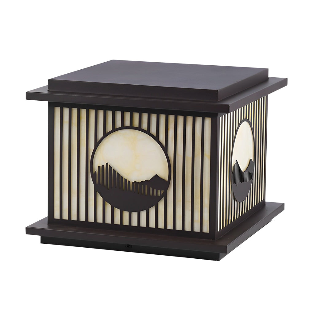 Modern Black Solar Pillar Lamp with Retro Mountain Scenery - Waterproof LED Design