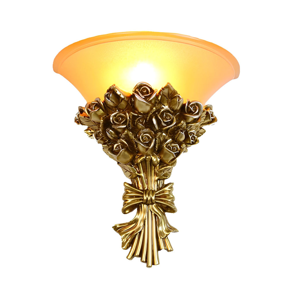 Resin Roses Bouquet Wall Sconce — Glass Shade, Gold or White, E27, 3000K, 12.2" × 12.6"