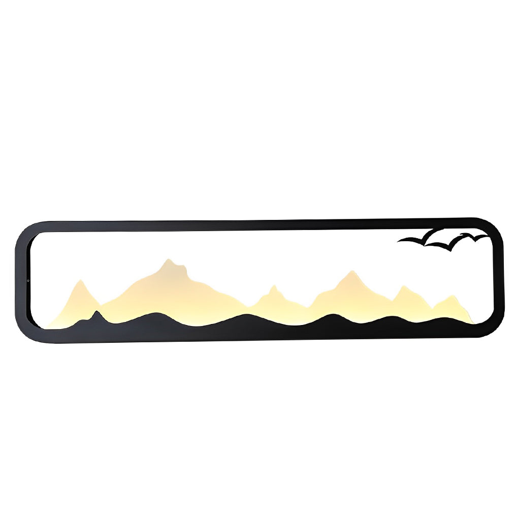 Rectangular Mountain Scenery Outdoor Wall Sconce — Black Iron & Acrylic, Industrial, LED, IP65, 14W–28W, 3000K