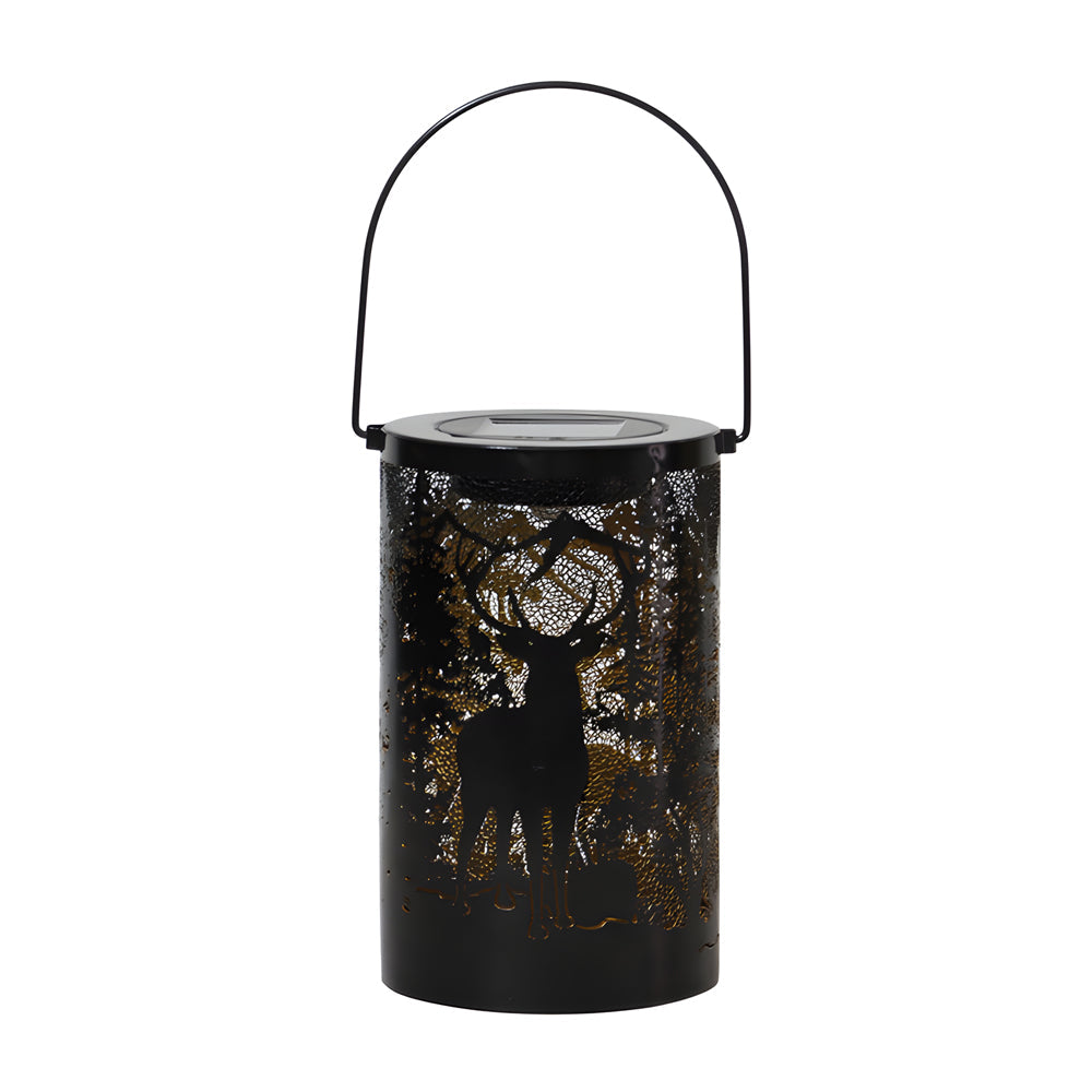 Iron Hollow Deer Silhouette Hanging Solar Lantern — Black, LED, IP65 Weatherproof, Warm White 3000K