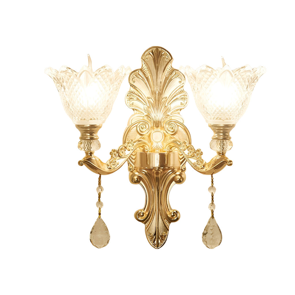 2-Light Flower Crystal Wall Sconce — Gold Aluminum Alloy, LED, Three-Step Dimming, 16.1" W
