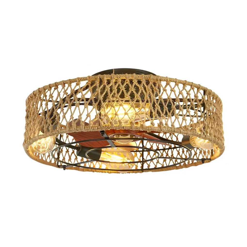 Industrial Style Inverter Ceiling Fan Lamp with Creative Rattan and Iron Design Luxe