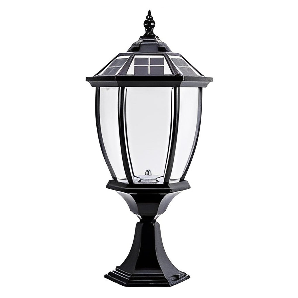 Vintage Black Solar Outdoor Post Light — Die-Cast Aluminum & Glass, LED 3000K, Remote Control, 7W Panel, IP Weatherproof