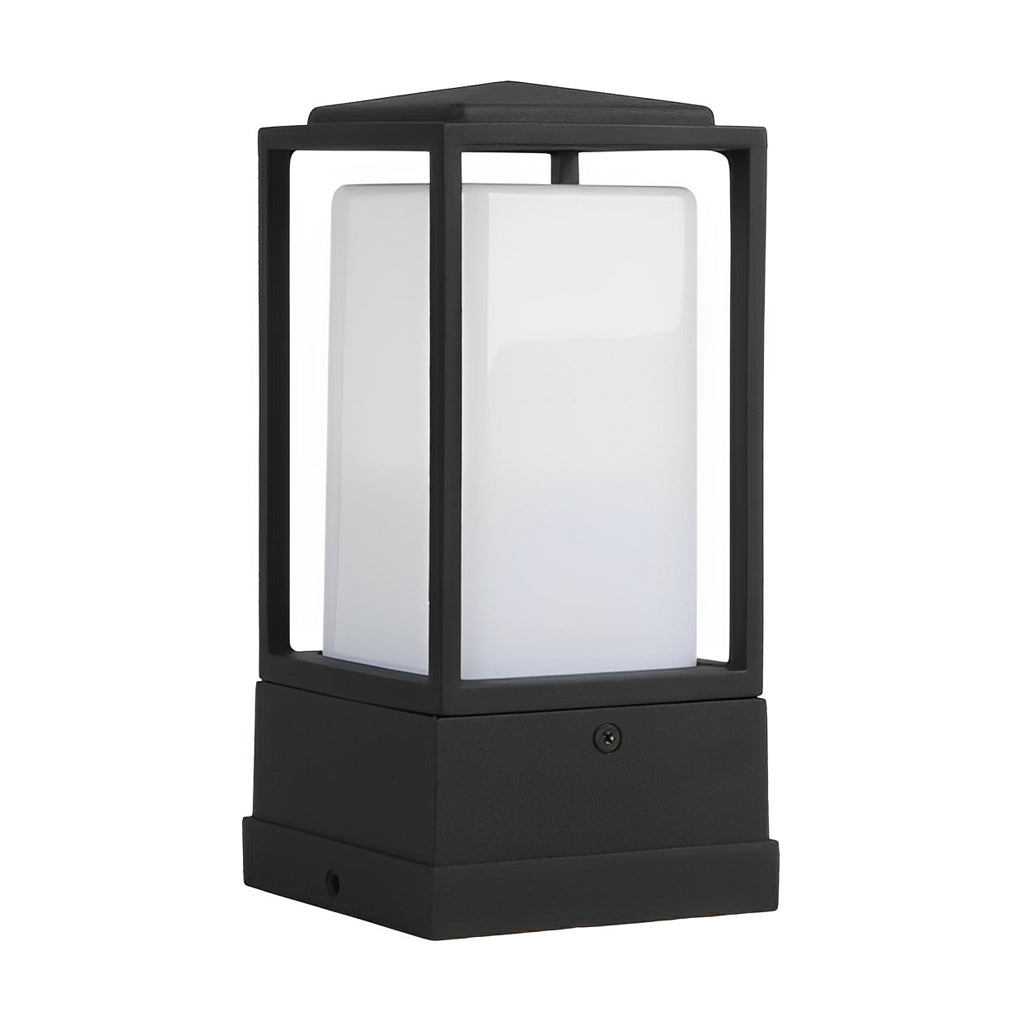 Cubic Bollard Lawn Lantern — Black Aluminum and Glass, 110V Low-Voltage LED, 3000K, IP33 Weatherproof, 4"×4"×8"