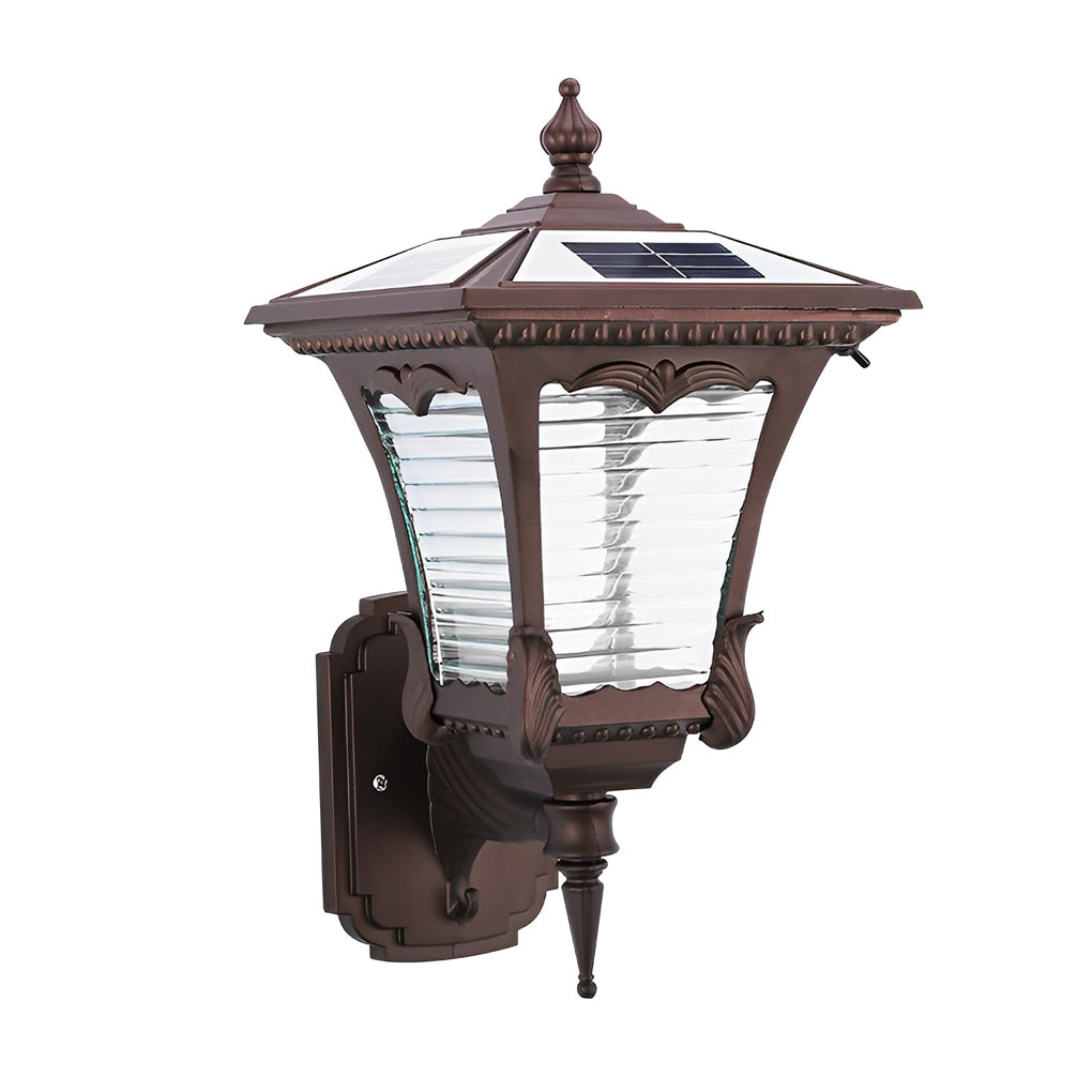 Retro Striped Glass Solar Outdoor Wall Sconce — Black Aluminum, IP65 Weatherproof, 8–10 Hr Battery