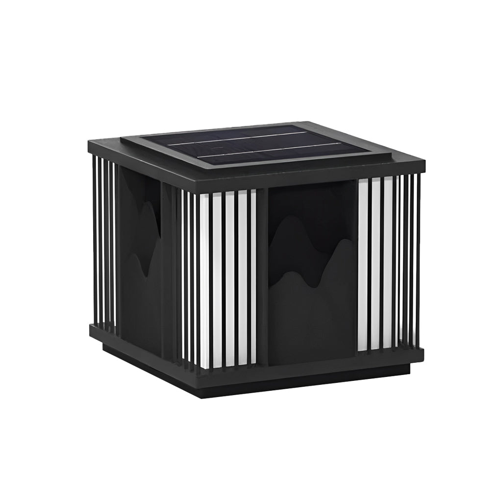Modern Black Solar / Hardwired Post Cap Light — Stainless Steel, LED Mountain Scenery, IP65, 3000K Warm White