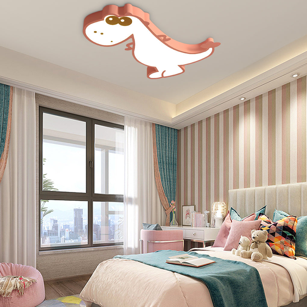 Cartoon Dinosaur LED Flush-Mount Ceiling Light — Metal, Dimmable with Remote, Pink or Green, 24" × 22"