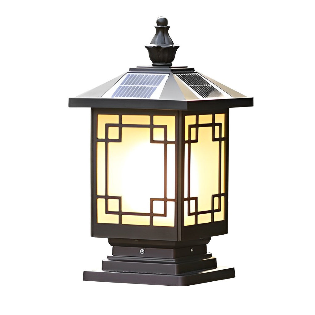 Brown Solar Fence Post Light — Die-Cast Aluminum, Retro Grille, Three-Color LED, IP65 Weatherproof