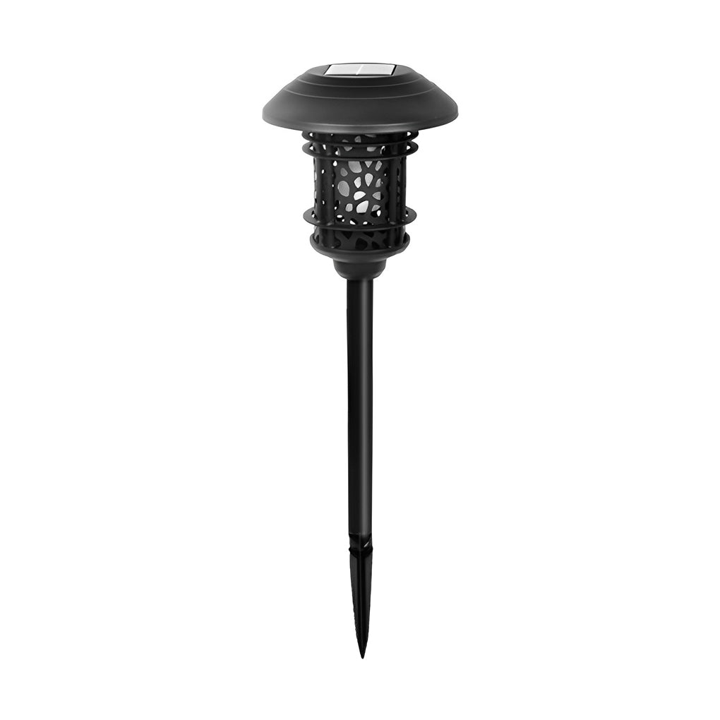 Round Hollow Solar Path Light — Die-Cast Aluminum, Black, Flickering LED Flame Effect, 3000K Warm White, IP-Rated Weatherproof