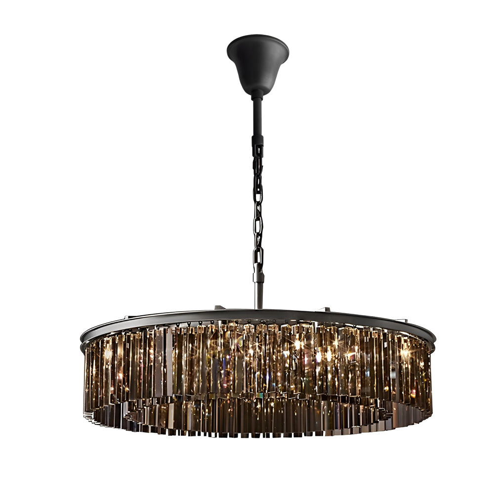 Round Crystal Strip Chandelier — K9 Crystal and Metal, Mid-Century Modern, 3000K Warm White, 21.7" or 33.5"
