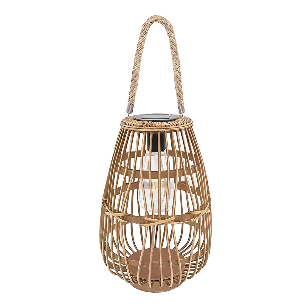 Retro Rattan Solar Outdoor Lantern — Bamboo, Wood & Hemp Rope, LED Warm White, IP44, Portable Hanging