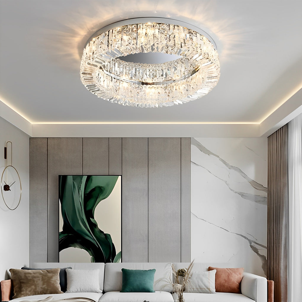 Ring Drum Crystal Flush-Mount Chandelier — Stainless Steel, Chrome or Gold, 6/8/12-Light, 19.7"–31.5"