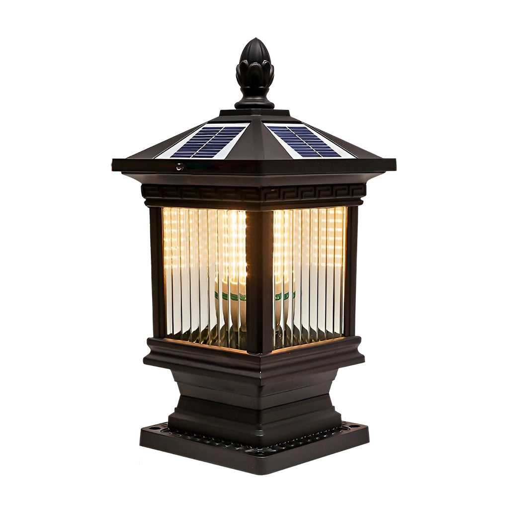 Retro Grille Outdoor Solar Fence Post Light — Die-Cast Aluminum & Glass, IP55, E27, Two Sizes