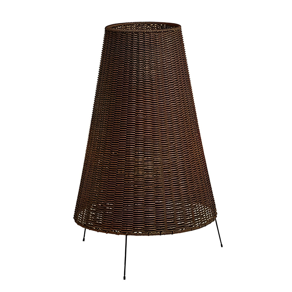 Rustic Modern Outdoor Floor Lamp — Woven Rattan Shade, Iron Tripod Base, 1-Light, IP65, 25" × 37"