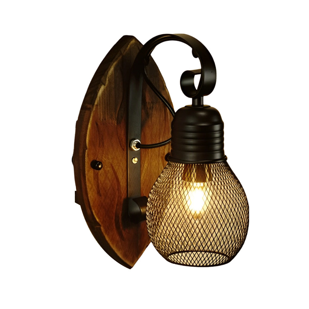 Industrial Rustic Wall Sconce — Antique Wood and Black Iron Hollow Mesh, E27, Hardwired, Max 40W