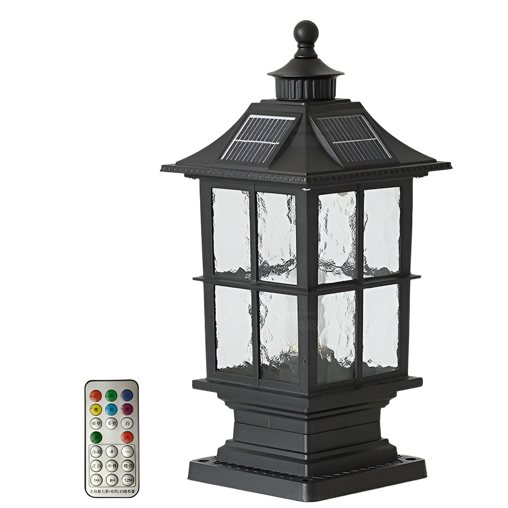 Modern Black Solar Post Cap Pillar Light — Die-Cast Aluminum & Glass, E27 LED, Remote Control, Dimmable