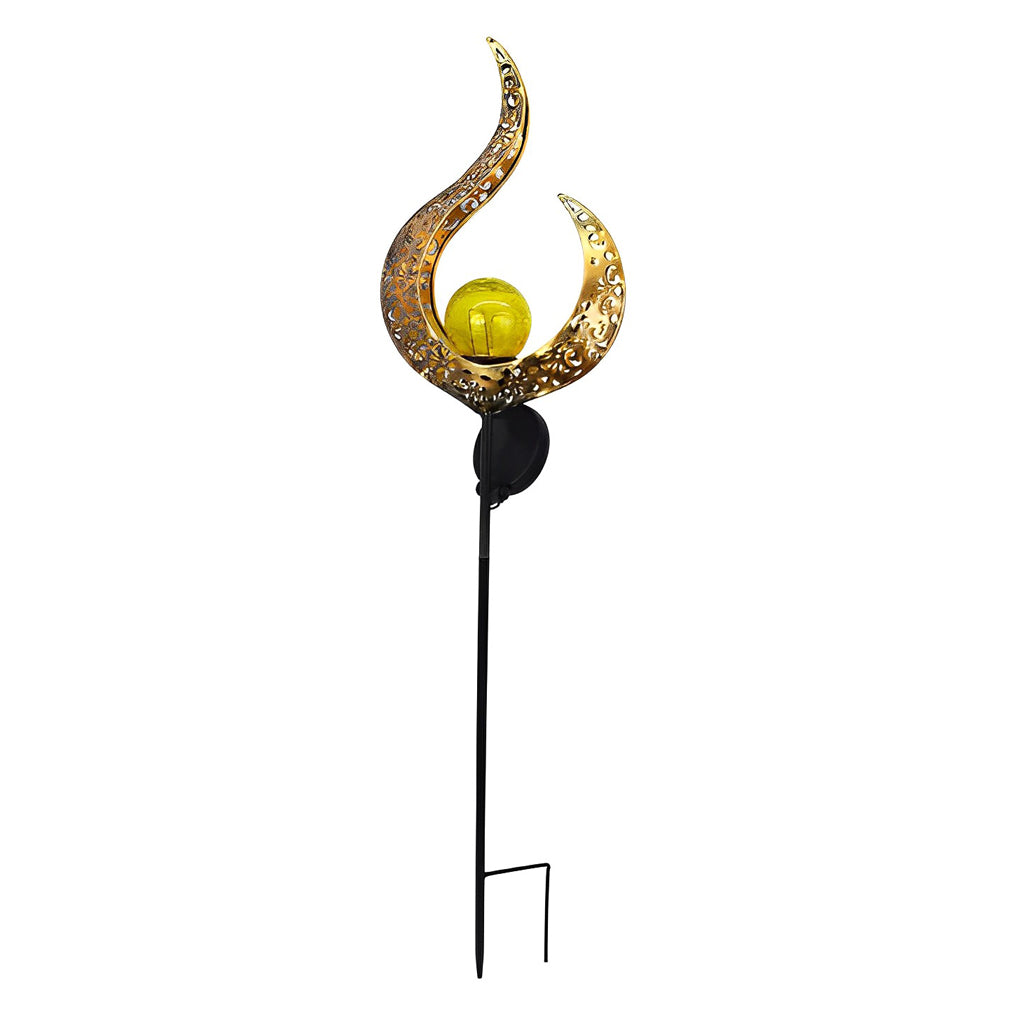 Moon, Sun & Flame Hollow Iron Solar Garden Stake Light — Cracked Glass Globe, LED, IP55 Weatherproof
