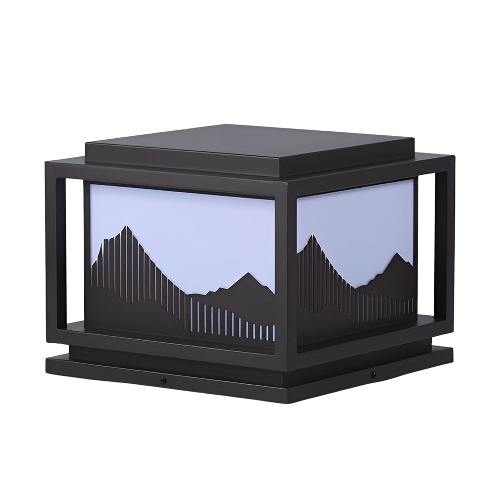 Square Solar Post Cap Light — Galvanized Steel & Acrylic, Mountain Scenery, LED E27, Hardwired / Solar, Warm White 3000K
