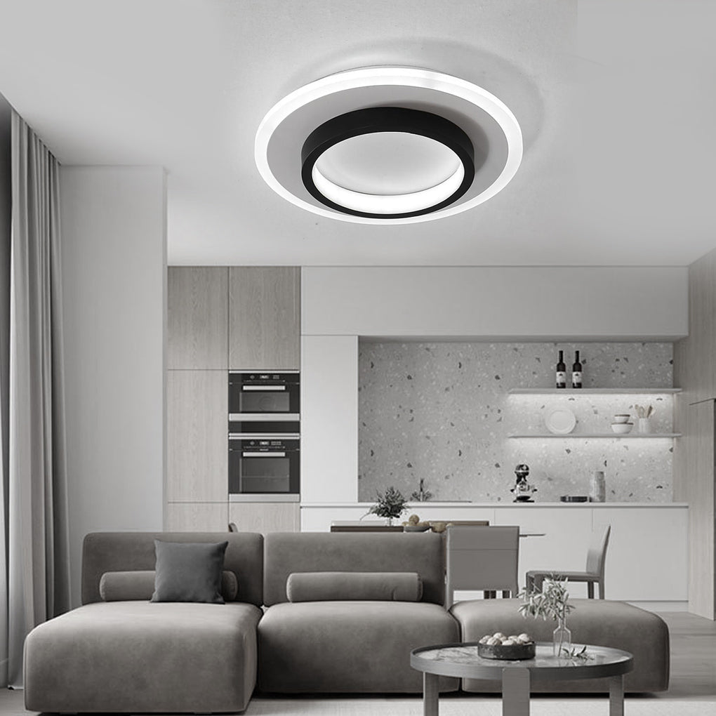 Modern 2-Light Circular LED Flush Mount — Metal, Black and White, 3000K / 6000K, 9" Diameter
