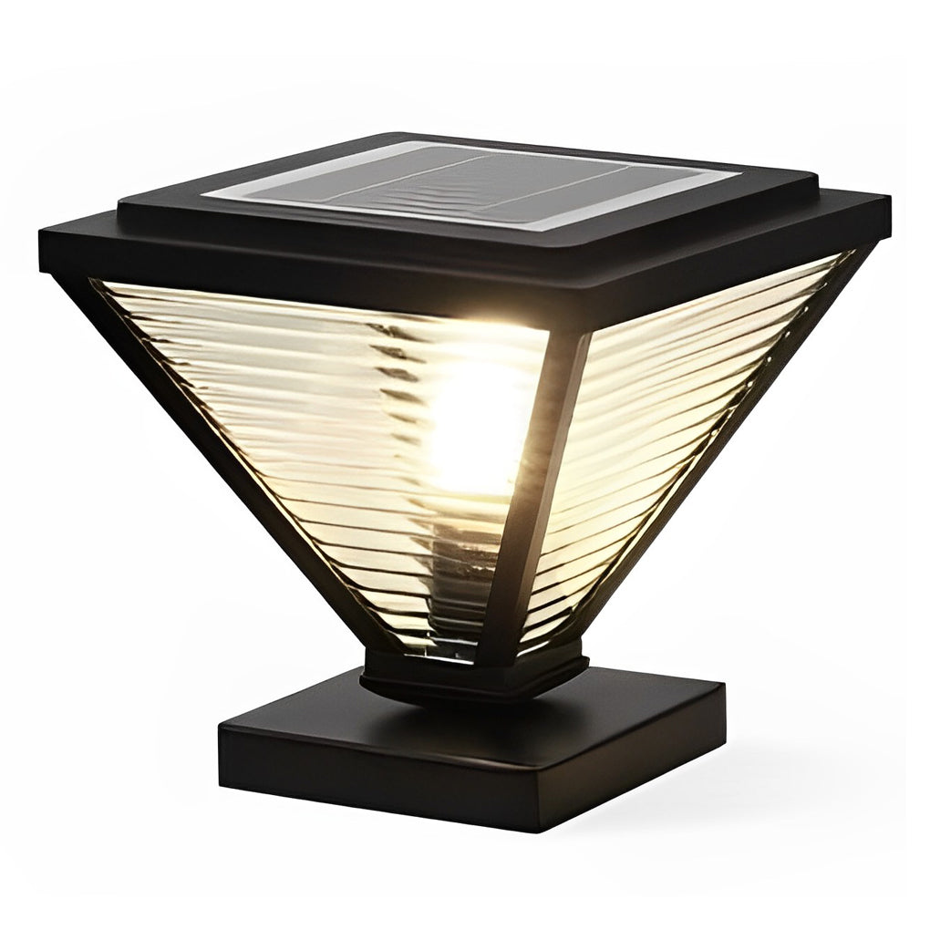 Geometric Solar Fence Post Light — Stainless Steel and Glass, Black, LED 3000K, IP-Rated Weatherproof