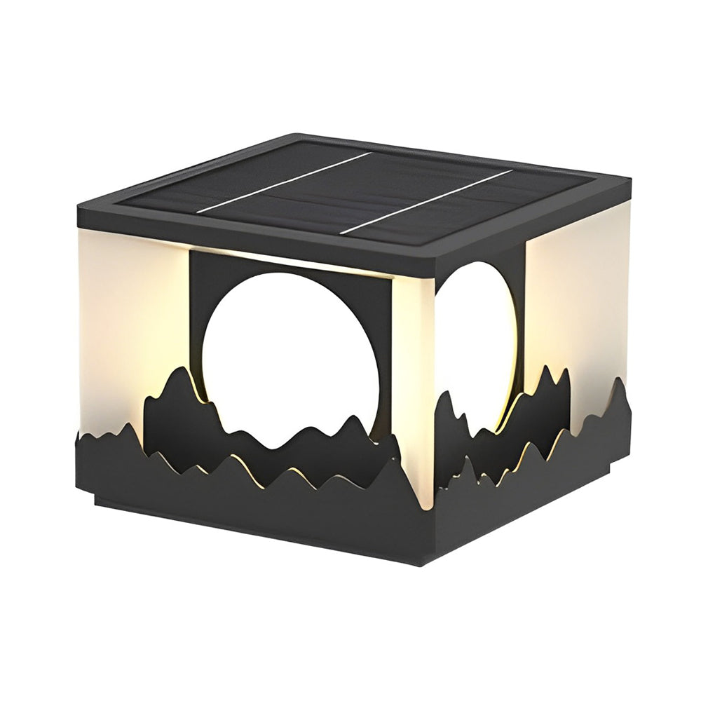 Mountain Scenery Solar Fence Post Cap Light — Stainless Steel & Acrylic, LED, IP65 Weatherproof, 3000K Warm White