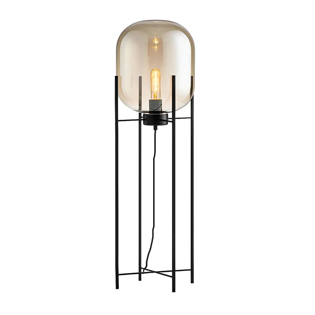 Industrial Floor Lamp with Standing Metal Base and Hand-Blown Glass Shade Luxe