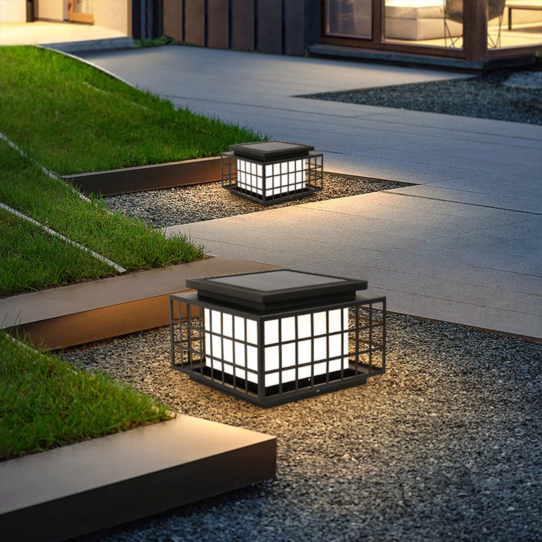 Modern Square Solar Pillar Light — Stainless Steel, Faux Alabaster, LED, 3-Color Dimming, Remote, IP65