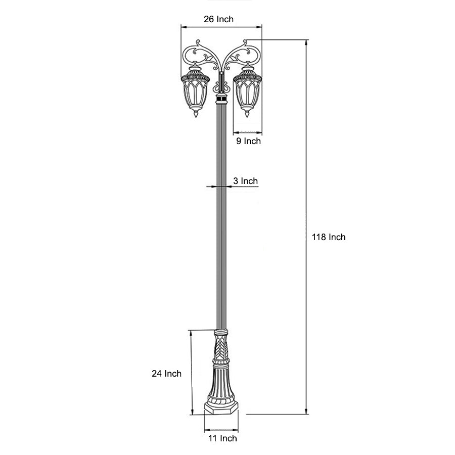 2-Head Outdoor Post Light — Black Die-Cast Aluminum, LED Hardwired, 118" Height