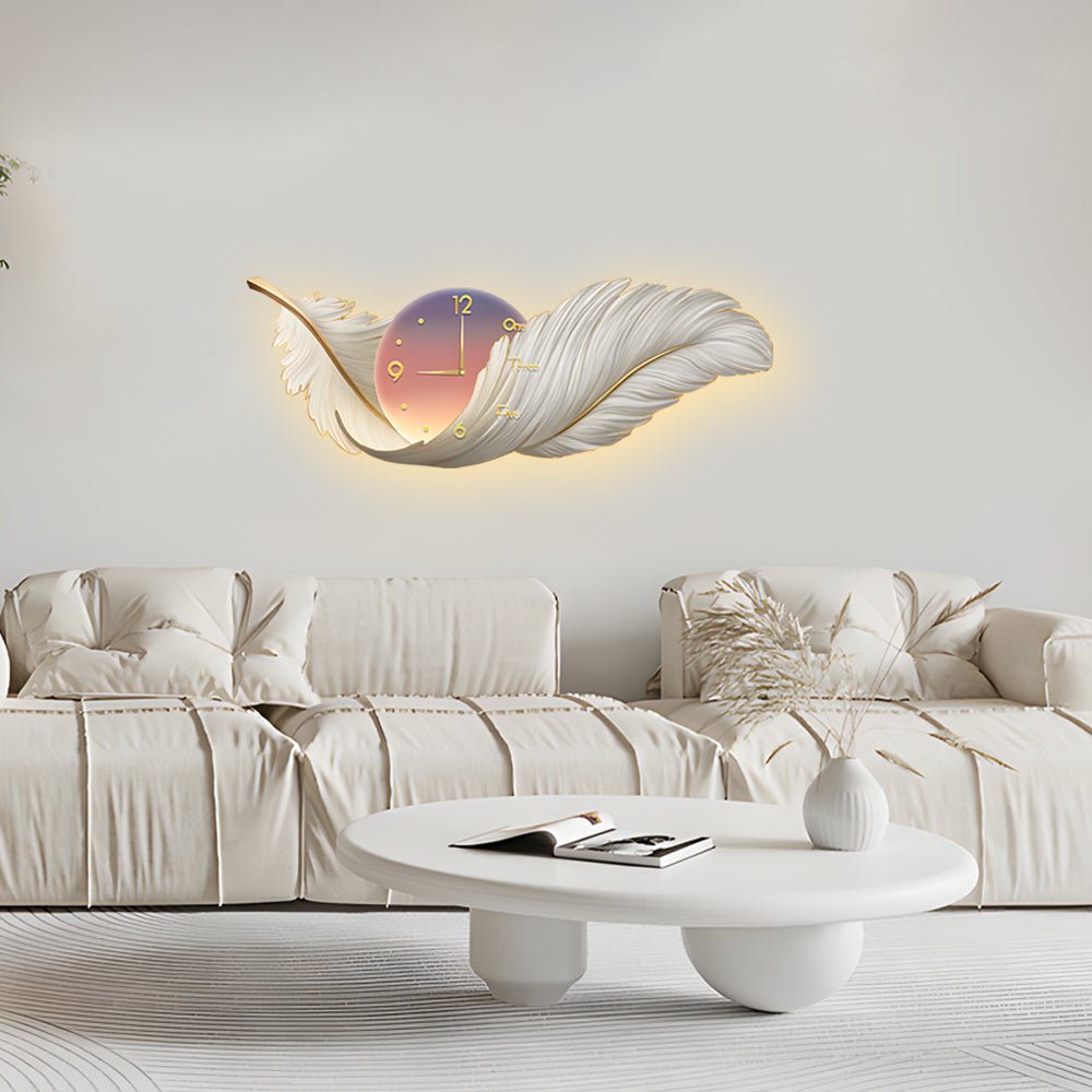 2-in-1 LED Wall Lamp and Clock with Feather Painting Hanging Decor
