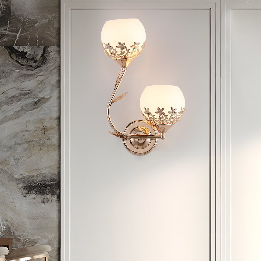 Glass Flower 2-Light Wall Sconce — Metal and Glass, E27, Hardwired, Gold or Silver