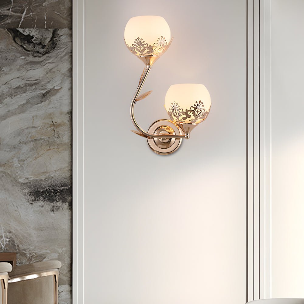 Glass Flower 2-Light Wall Sconce — Metal and Glass, E27, Hardwired, Gold or Silver