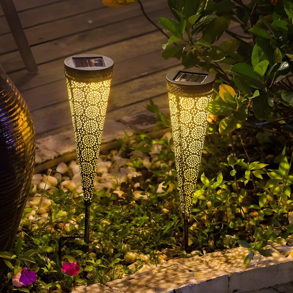 2 pack of decorative solar powered garden stake lights with floral designs