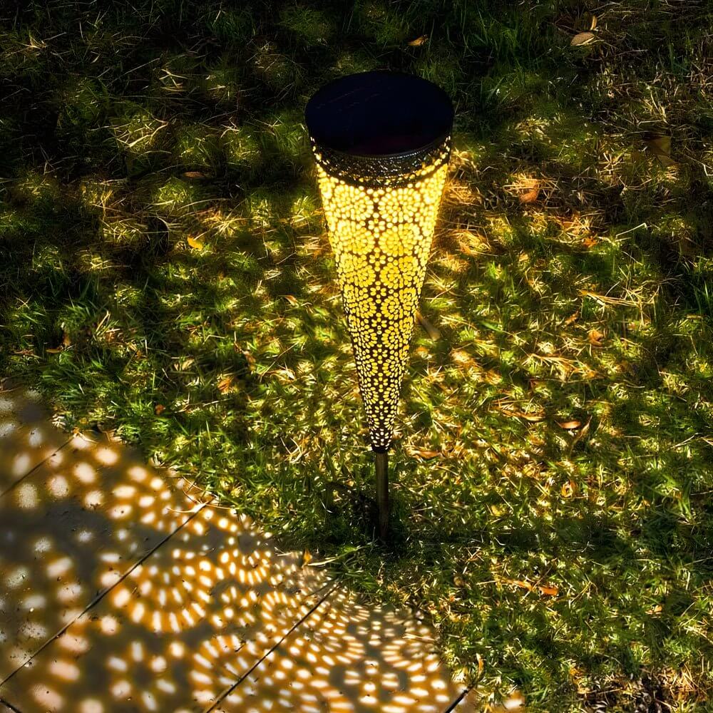 2 pack of decorative solar powered garden stake lights with floral designs