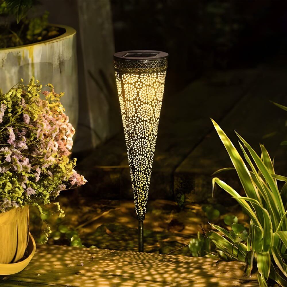 2 pack of decorative solar powered garden stake lights with floral designs