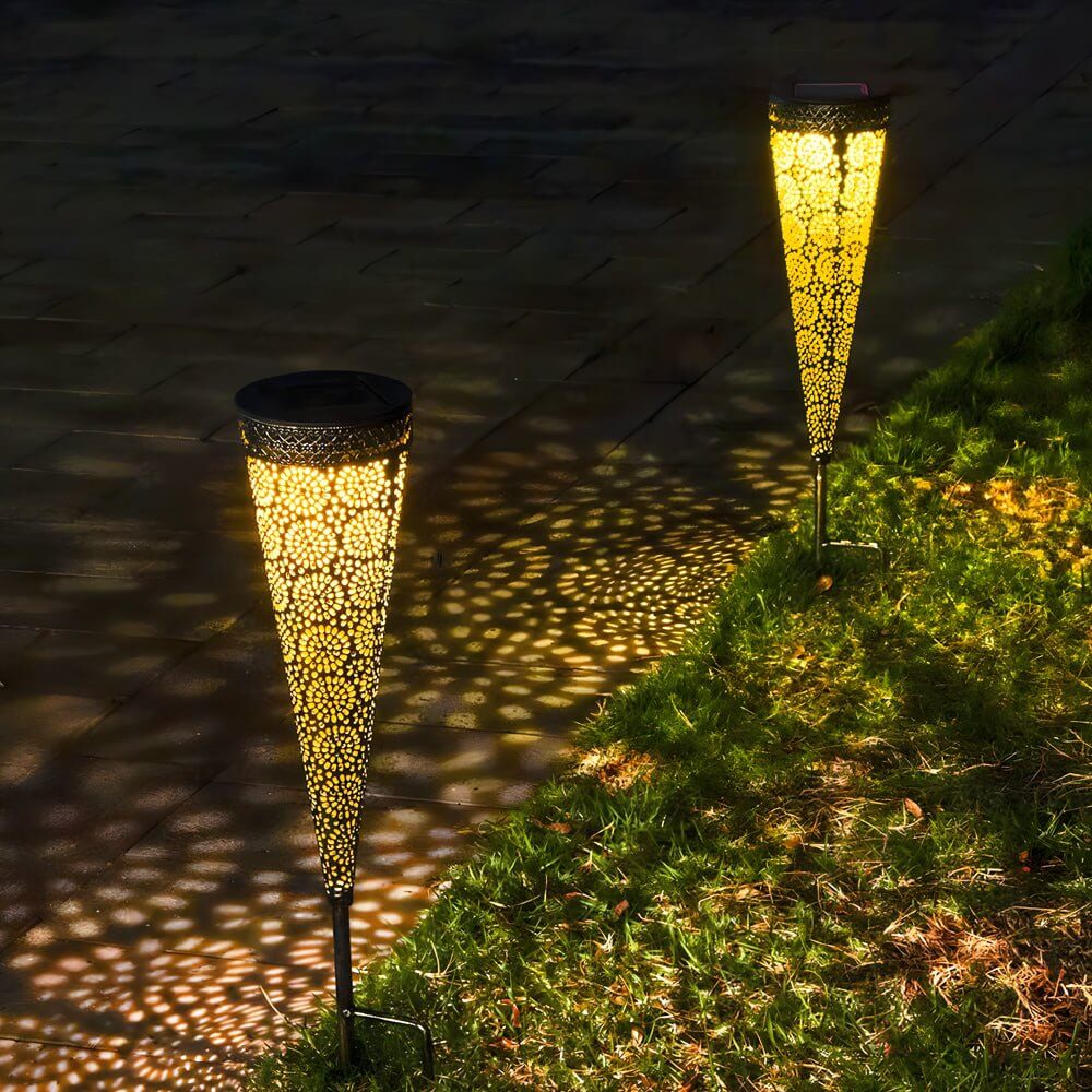 2 pack of decorative solar powered garden stake lights with floral designs