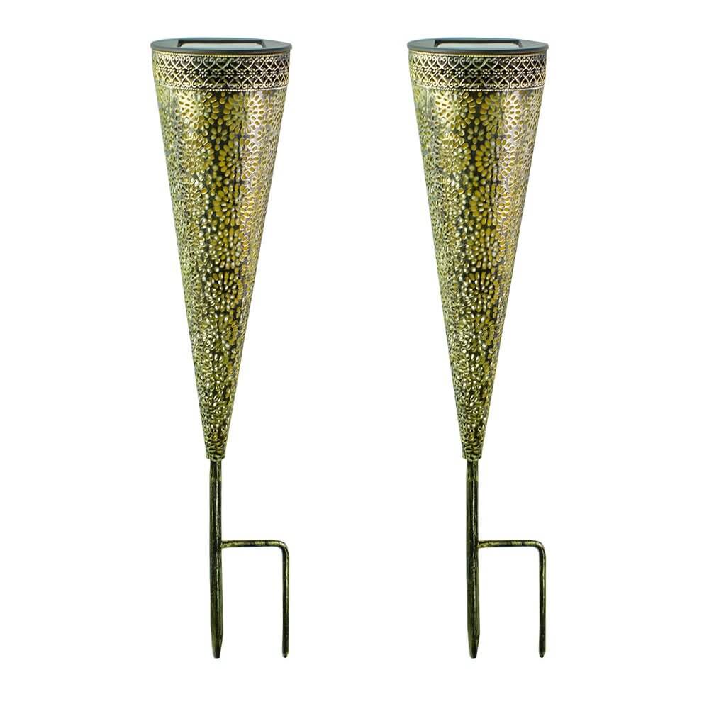 2 pack of decorative solar powered garden stake lights with floral designs