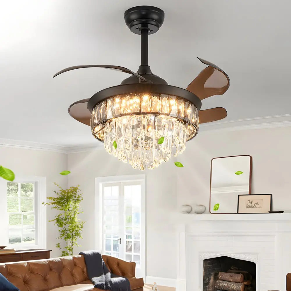 20-Inch Black Crystal Ceiling Fan with Retractable Blades and LED Lights Luxe